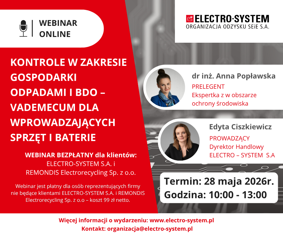 Webinar - baner: Kontrole w zakresie gospodarki odpadami i BDO – vademecum dla wprowadzających sprzęt i baterie